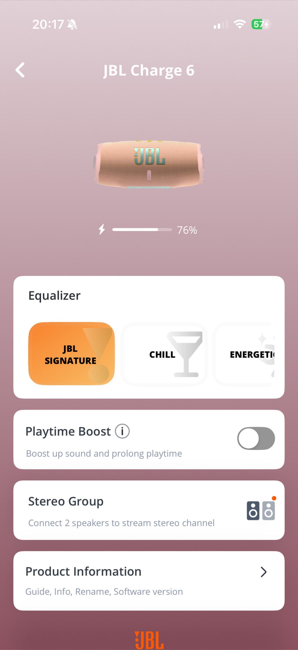 JBL App huvudskärm