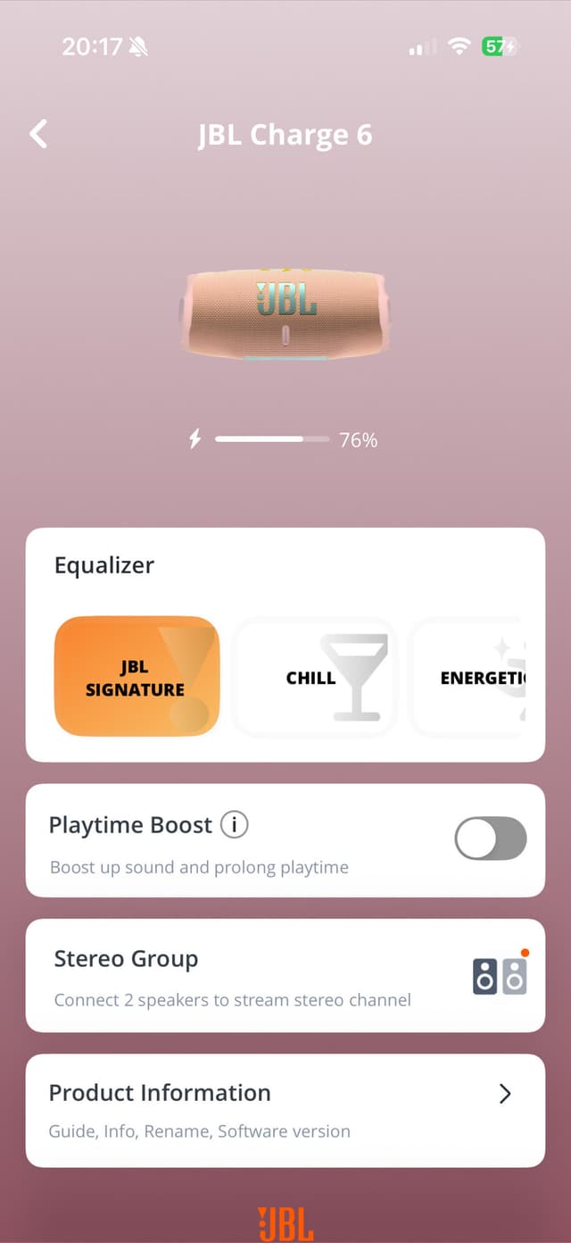 JBL App huvudskärm