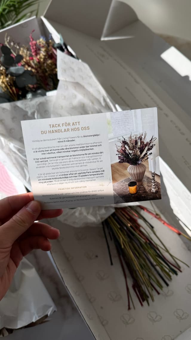 Informationskortet som följde med Living Flowers-buketten