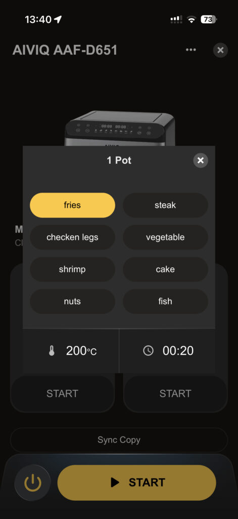 Aiviq airfryer app välj läge