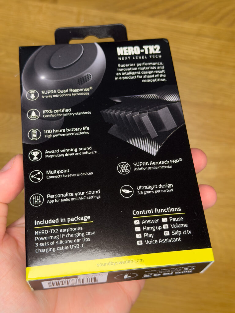 SUPRA NERO-TX2 förpacknings baksida